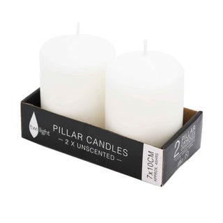Pressed pillar candle white unscented 7 x 10cm smooth classic finish  All Seasons Homeware.
